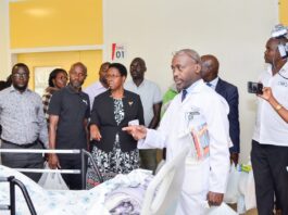 Dr. Rosemary Byanyima, the Executive Director of Mulago National Referral Hospital taking the Team on a Tour in the Neurosurgeon Department