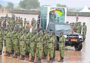 President Museveni inspecting parade at Kaweweta