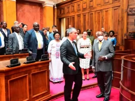 H.E Yoweri Kaguta Museveni, the President of Uganda (Right) having a chat with Dr. Vladimir Orlić, the Serbian National Assembly President (Left) in Serbia