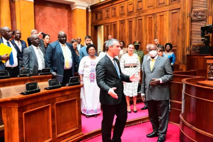 H.E Yoweri Kaguta Museveni, the President of Uganda (Right) having a chat with Dr. Vladimir Orlić, the Serbian National Assembly President (Left) in Serbia