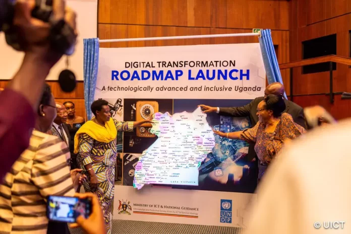 VP Maj Gen Jessica Alupo (Left) and some of the Ministers launching the Digital Transformation Roadmap at Hotel Africana in Kampala. Courtesy photo