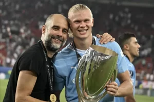 Pep Guardiola with Haaland after the Wednesday night's win of Super Cup
