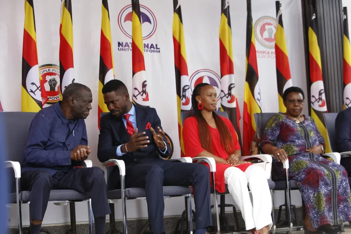 L-R: Kizza Besigye, Robert Kyagulanyi, Barbie Kyagulanyi and Miria Matembe