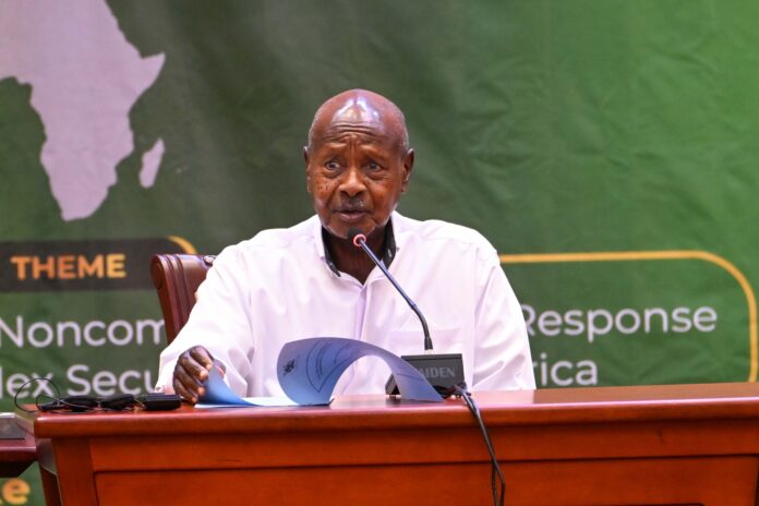 President Museveni addressing the military chiefs during the 1st conference of African Defence Chiefs on Military Operations other than War at Speke Resort Munyonyo on Thursday. PPU Photo.